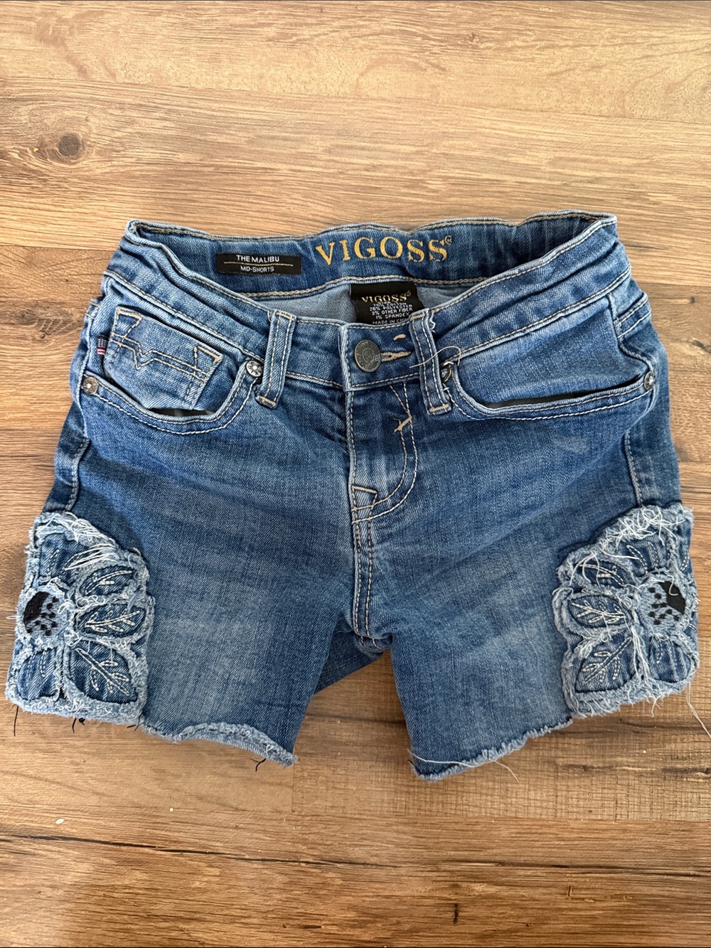 Vigoss Medium Blue Denim Shorts with Lace Floral Accents